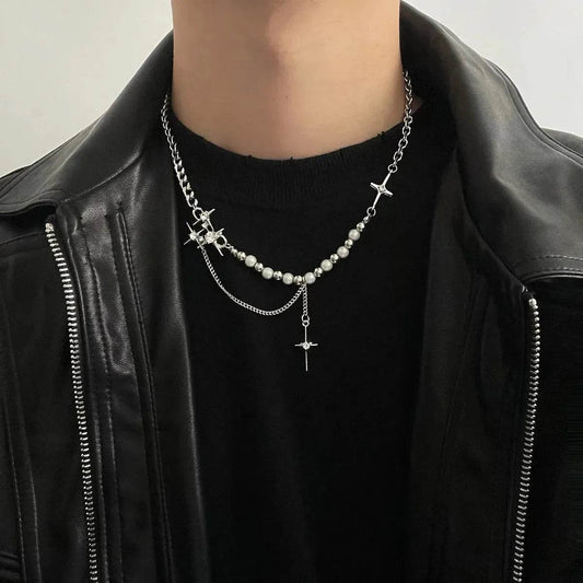 Unisex Style Eight-pointed Stars Reflective Pearl Stitching Necklace - www.Shopthatapp.com