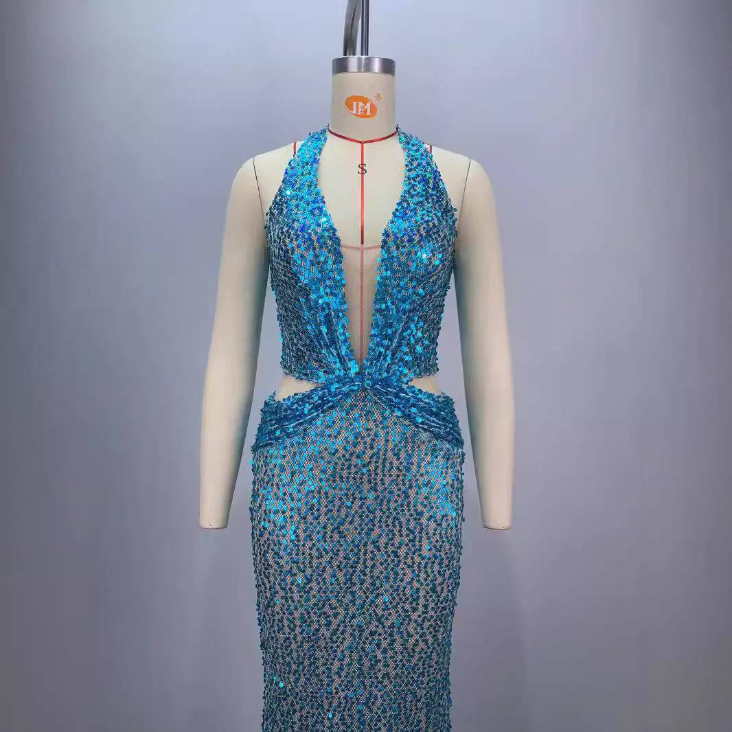 New Halter Deep V-neck Slim fit Sequined Evening Party Dress - www.Shopthatapp.com