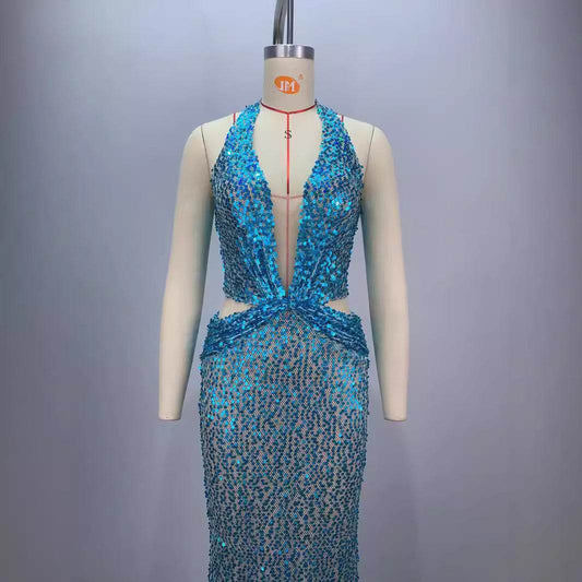 New Halter Deep V-neck Slim fit Sequined Evening Party Dress - www.Shopthatapp.com