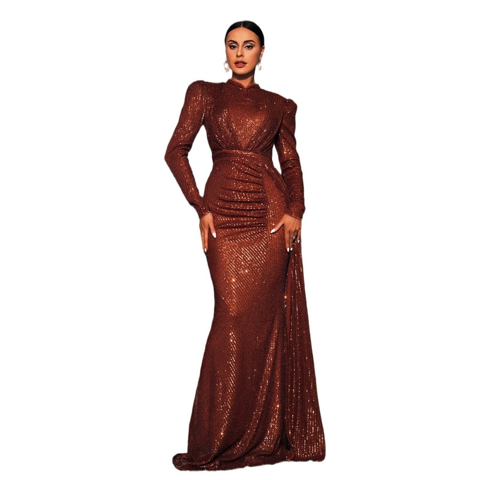 Long Sleeve Round Neck Slim Long Sequined Banquet Dress - www.Shopthatapp.com