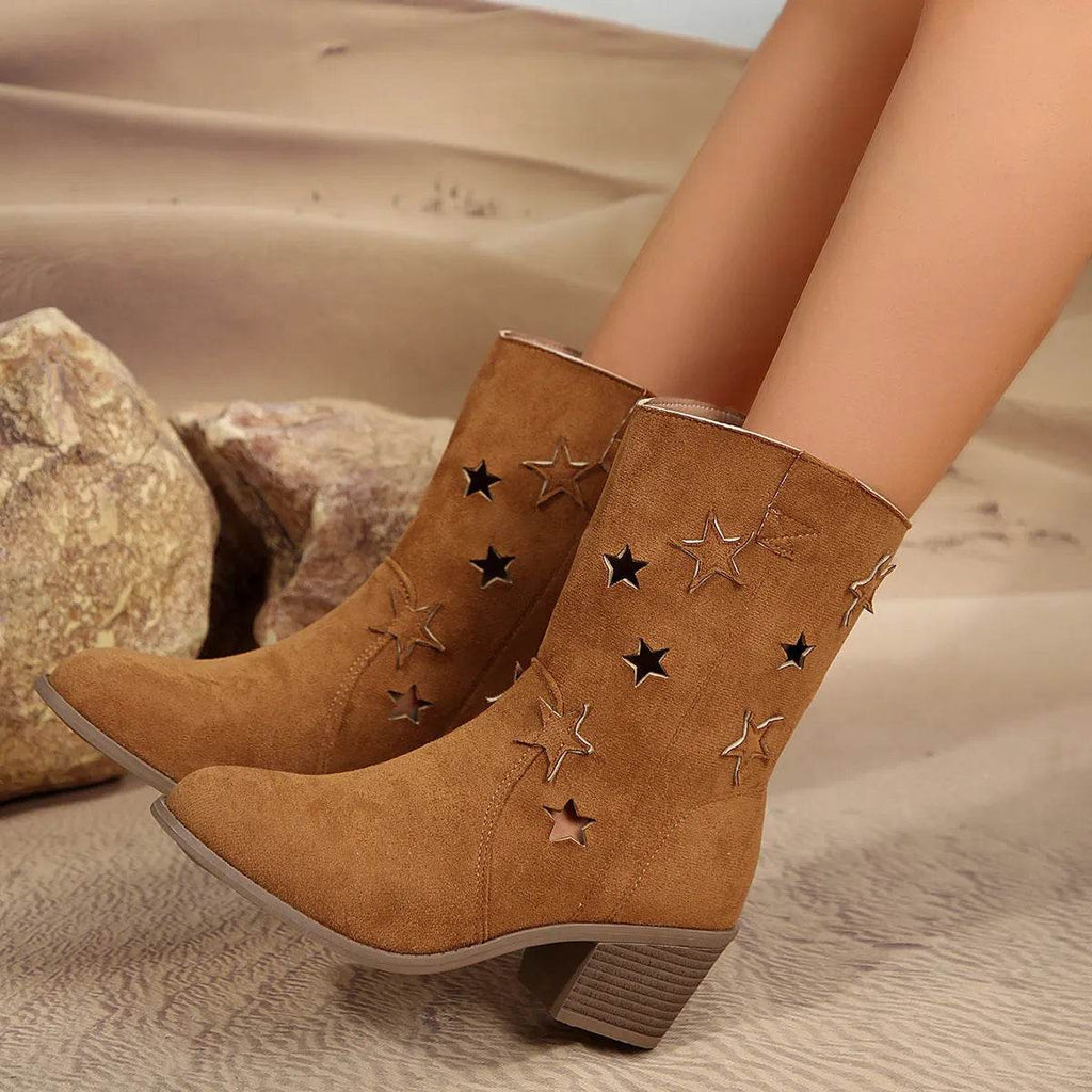 Fashion Mid-calf Boots With Hollow-stars Design Retro Pointed-toe Square Heel Western Boots For Women Fall And Winter Shoes - www.Shopthatapp.com