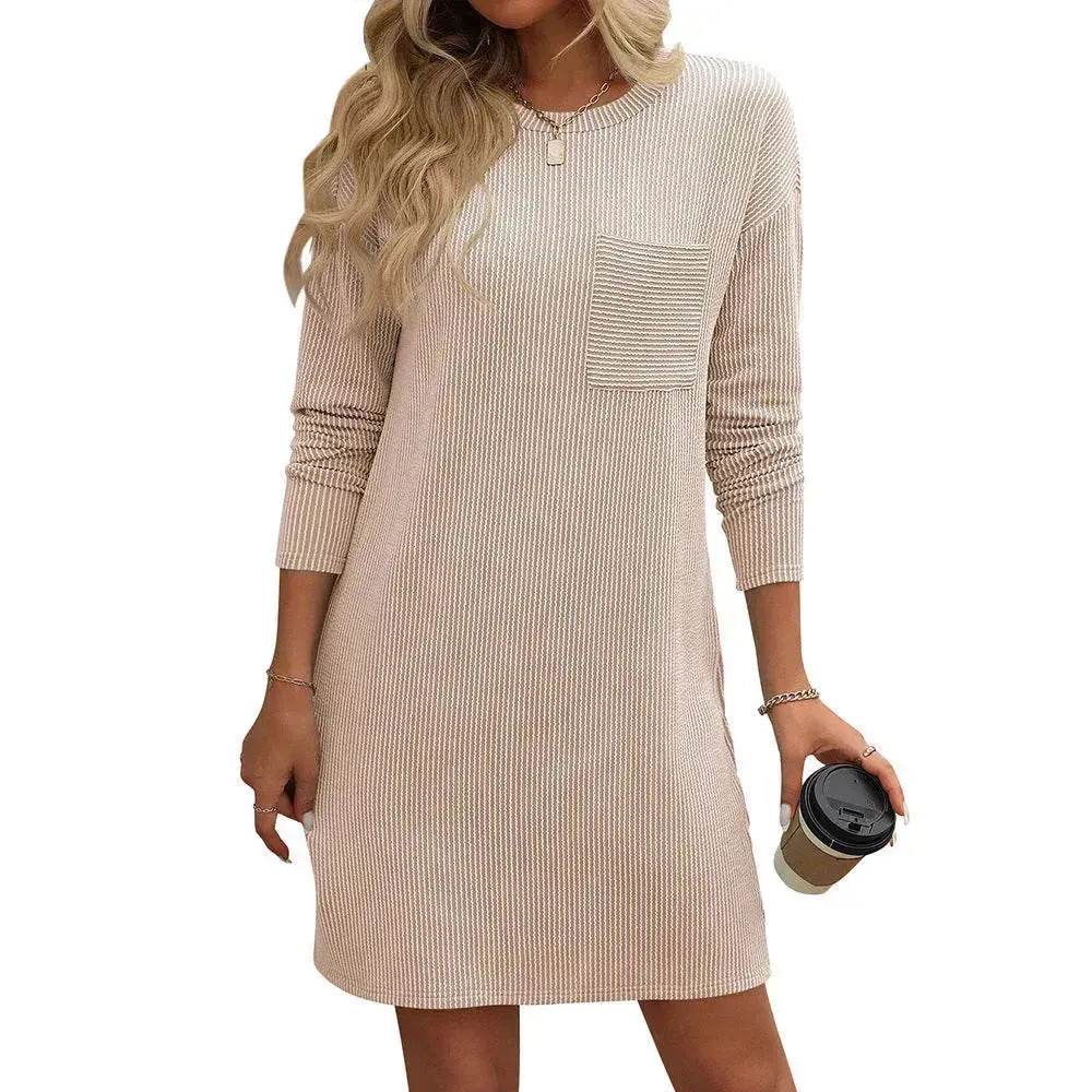 Casual New Solid Color Striped With Pockets Long Sleeve Loose Mini Dress Fashion Round Neck Straight Dress Women's Clothing - www.Shopthatapp.com