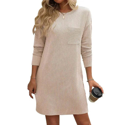 Casual New Solid Color Striped With Pockets Long Sleeve Loose Mini Dress Fashion Round Neck Straight Dress Women's Clothing - www.Shopthatapp.com