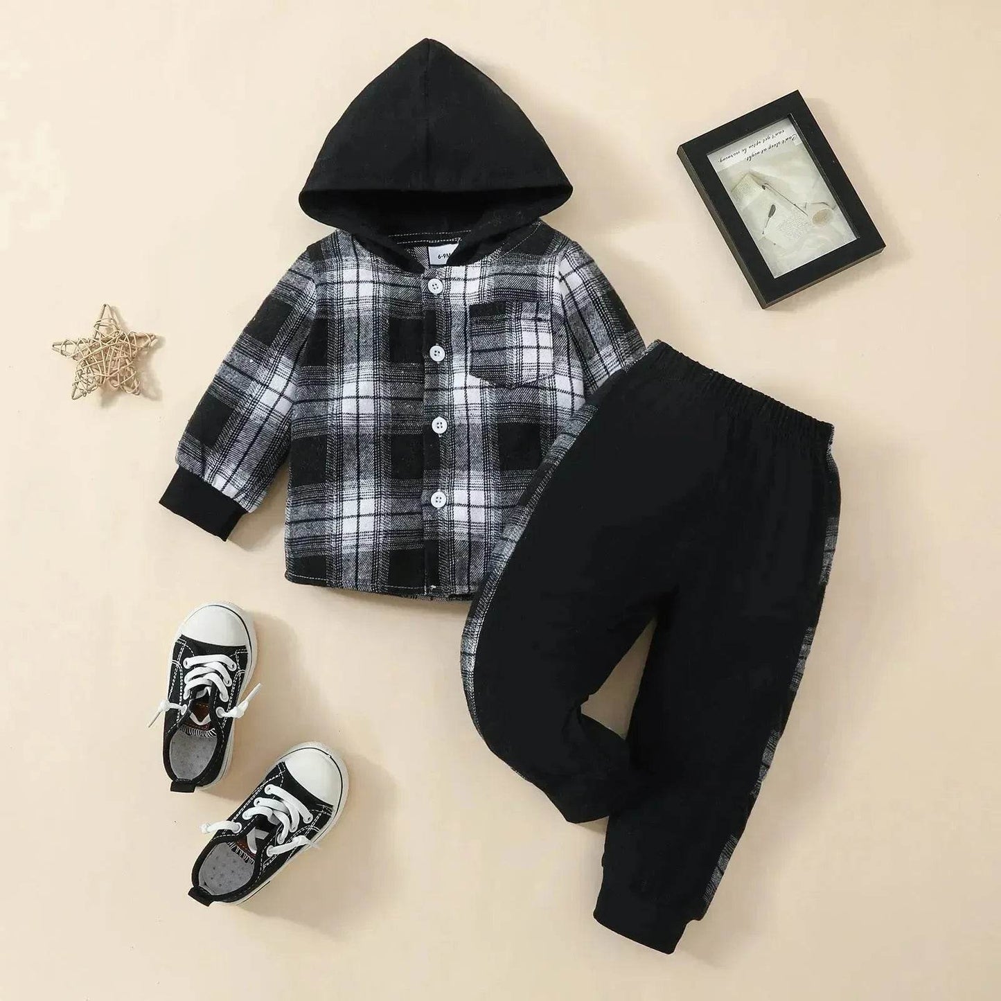 Toddler Baby Boy Classic Plaid Hooded Long Sleeve Shirt Contrast Color Trousers Suit Two piece for boys - www.Shopthatapp.com