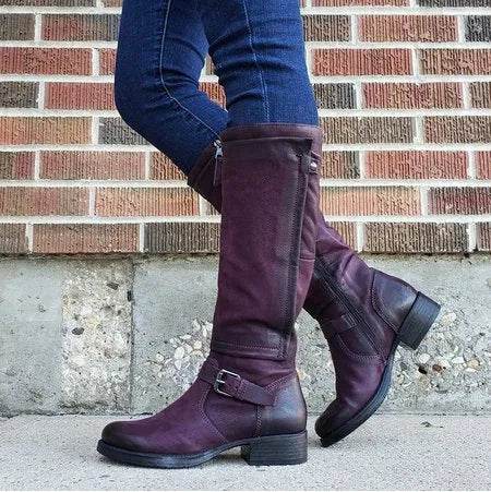 Round Toe Low Heel High Leg Boot - www.Shopthatapp.com