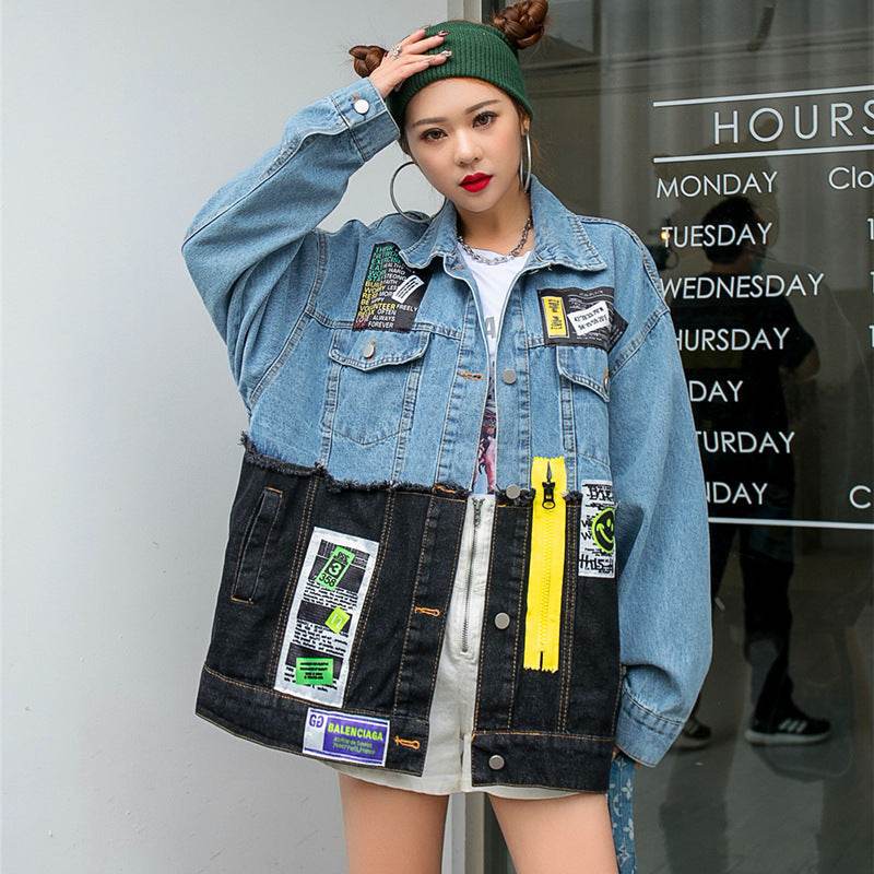 Denim Loose Jacket Women Stylish Graffiti Patch Design - www.Shopthatapp.com