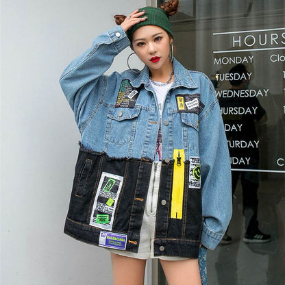 Denim Loose Jacket Women Stylish Graffiti Patch Design - www.Shopthatapp.com