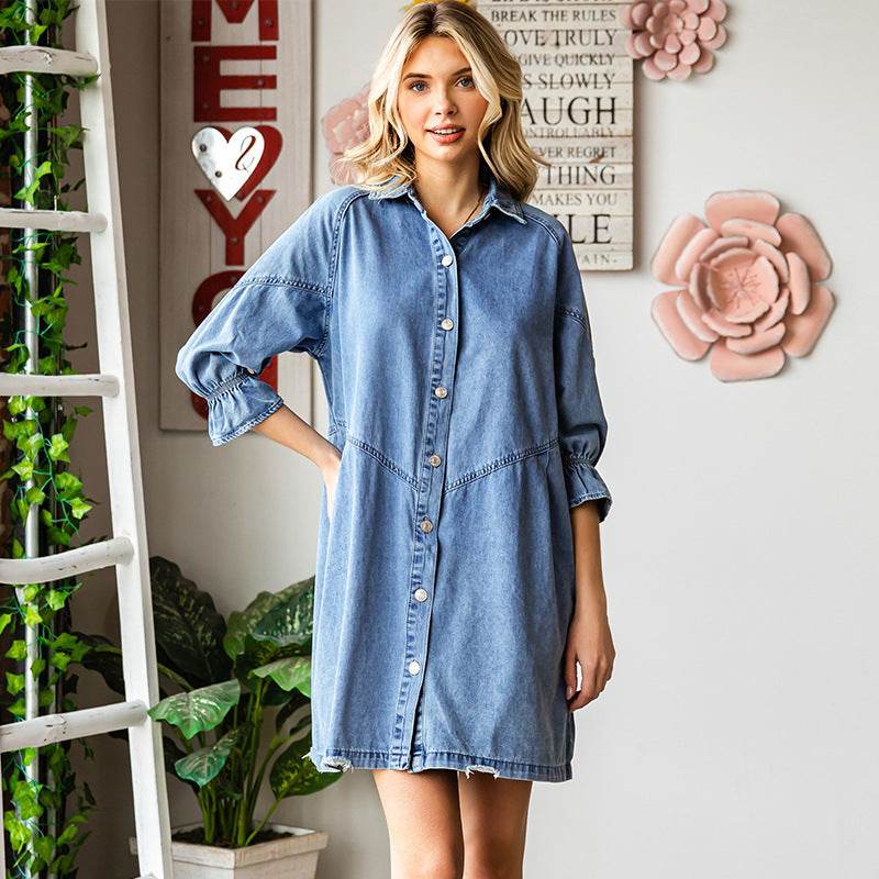 Three-quarter Sleeve Denim Dress Women's Casual Ruffles - www.Shopthatapp.com