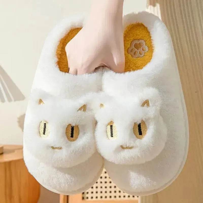 Winter Cotton Cat Slippers Soft Plush Comfy Warm Couple Slip-On House Cute Cat Face Slippers For Winte - www.Shopthatapp.com