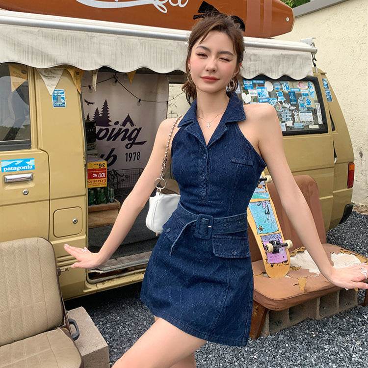 Mini Sleeveless Sheath Denim jeans halter neck Dress - www.Shopthatapp.com
