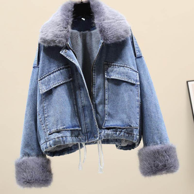 Furry Collar Denim Pie Overcoming Loose Plus Fleece Jacket Women