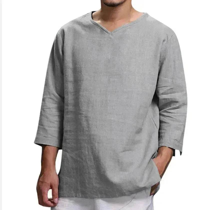 Loose Casual V-neck Top Cotton And Linen Long Sleeve Pullover Shirt Men's Shirt Top - www.Shopthatapp.com