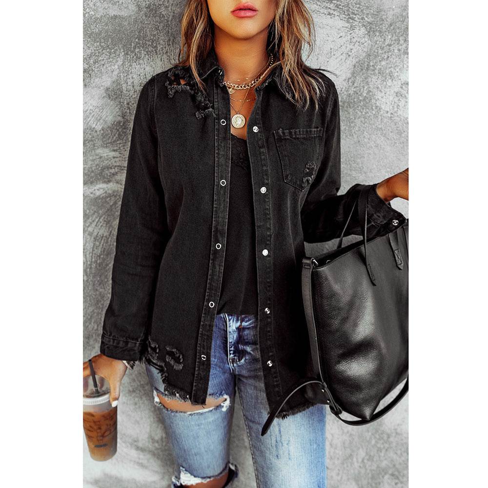 Long Sleeve Jeans Jacket Loose Fit Mid-Length Black - www.Shopthatapp.com