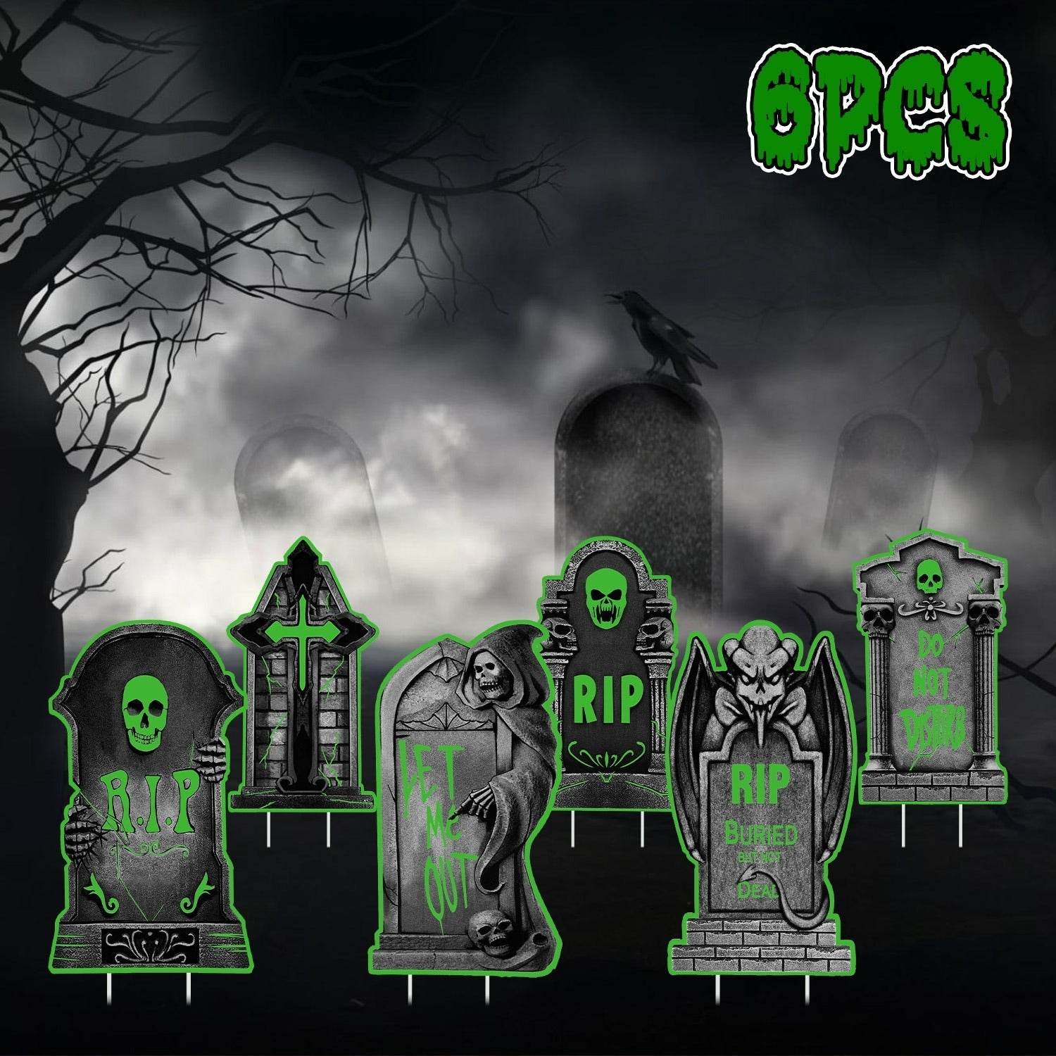 6Pcs Skull Or 6Pcs Tomb Or 5Pcs Black Cat Halloween Yard Sign Decorations  Glow In The Dark For Haunted House Garden Yard And Scary Theme Party - www.Shopthatapp.com