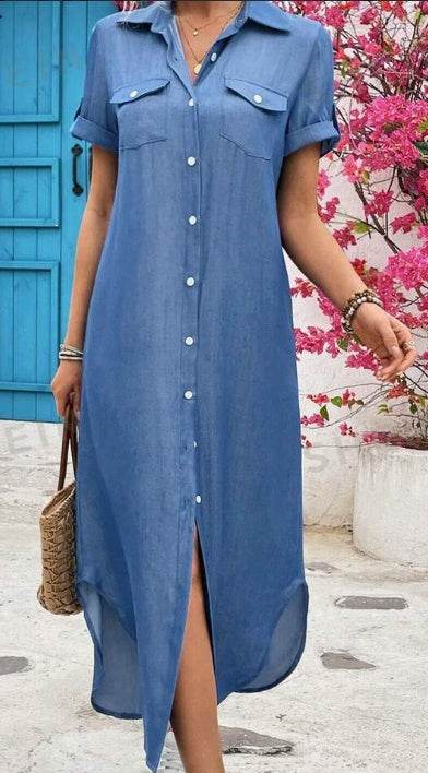 Women Summer Denim-Look Longline Shirt Dress - www.Shopthatapp.com