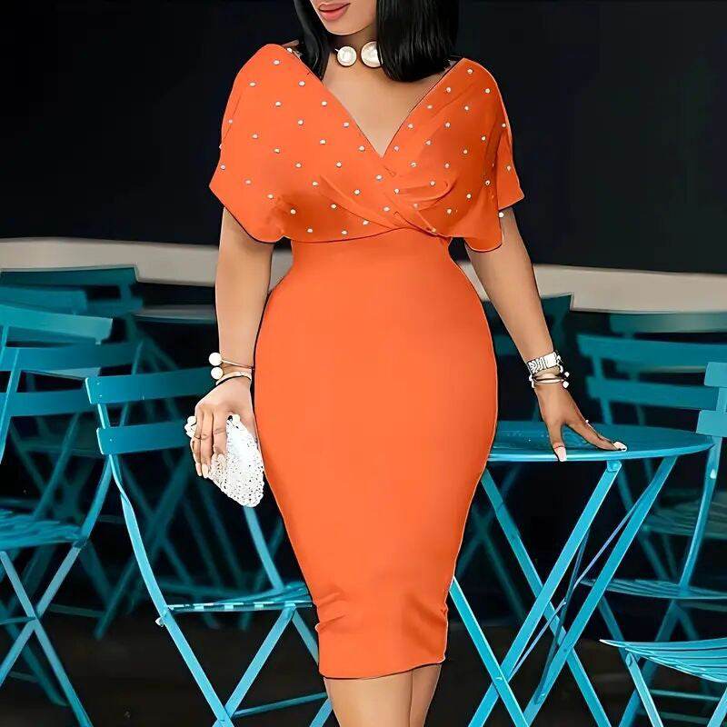 Women's Back Zipper dress Elegant Deep V Neck Wrap Bodycon Dress Pencil Midi Dress - www.Shopthatapp.com