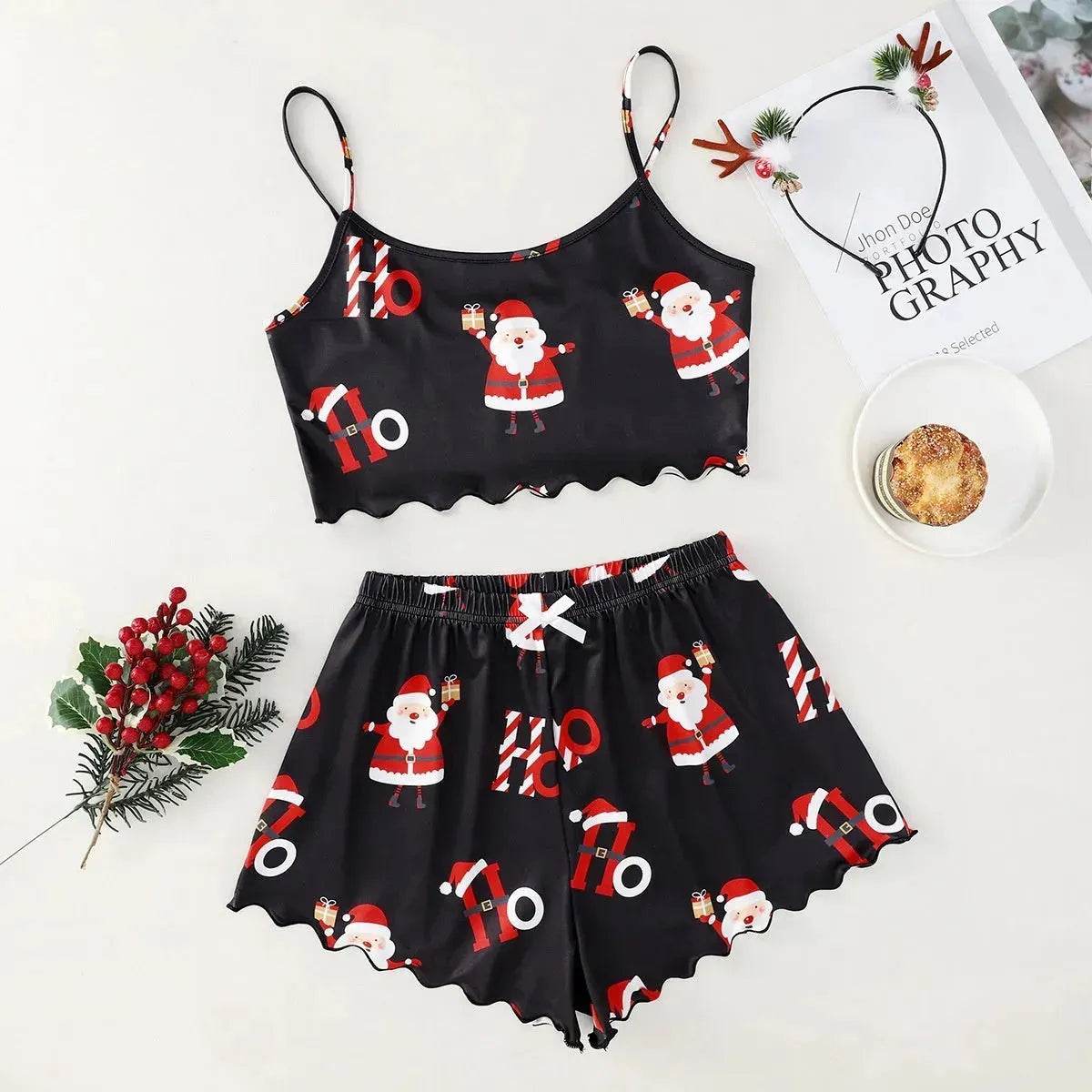 Christmas European And American Thin Pajamas Women's Sleeveless Shorts Milk Silk Simple Casual Two-piece Suit Homewear - www.Shopthatapp.com