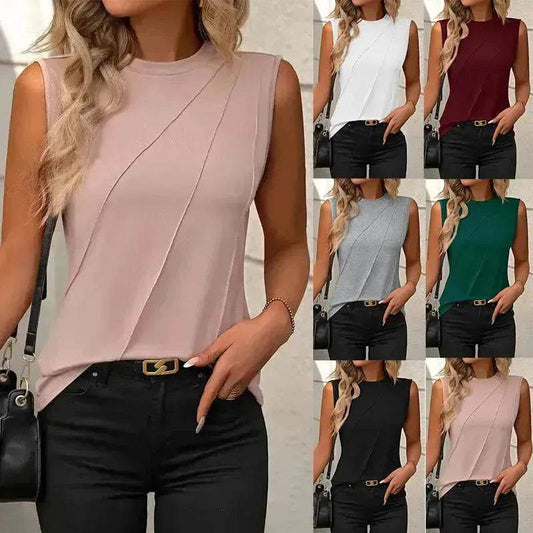 Summer Women's Solid Color Round Neck Sleeveless Loose Tops for Women suitable for Work business Events Ladies Evening Tops. - www.Shopthatapp.com