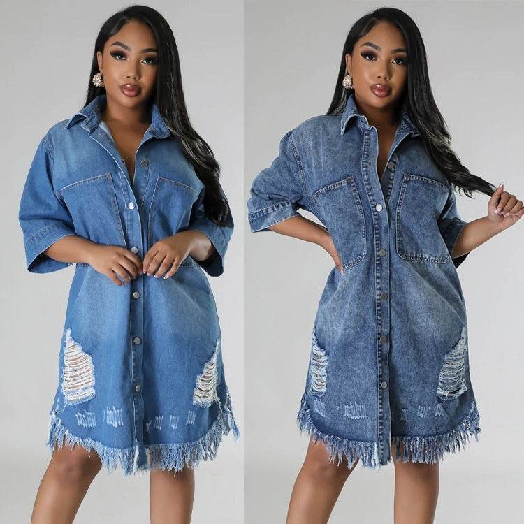 Women's Fashion 3/4 sleeve Mid Length loose Denim Jeans Dress - www.Shopthatapp.com