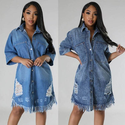 Women's Fashion 3/4 sleeve Mid Length loose Denim Jeans Dress - www.Shopthatapp.com