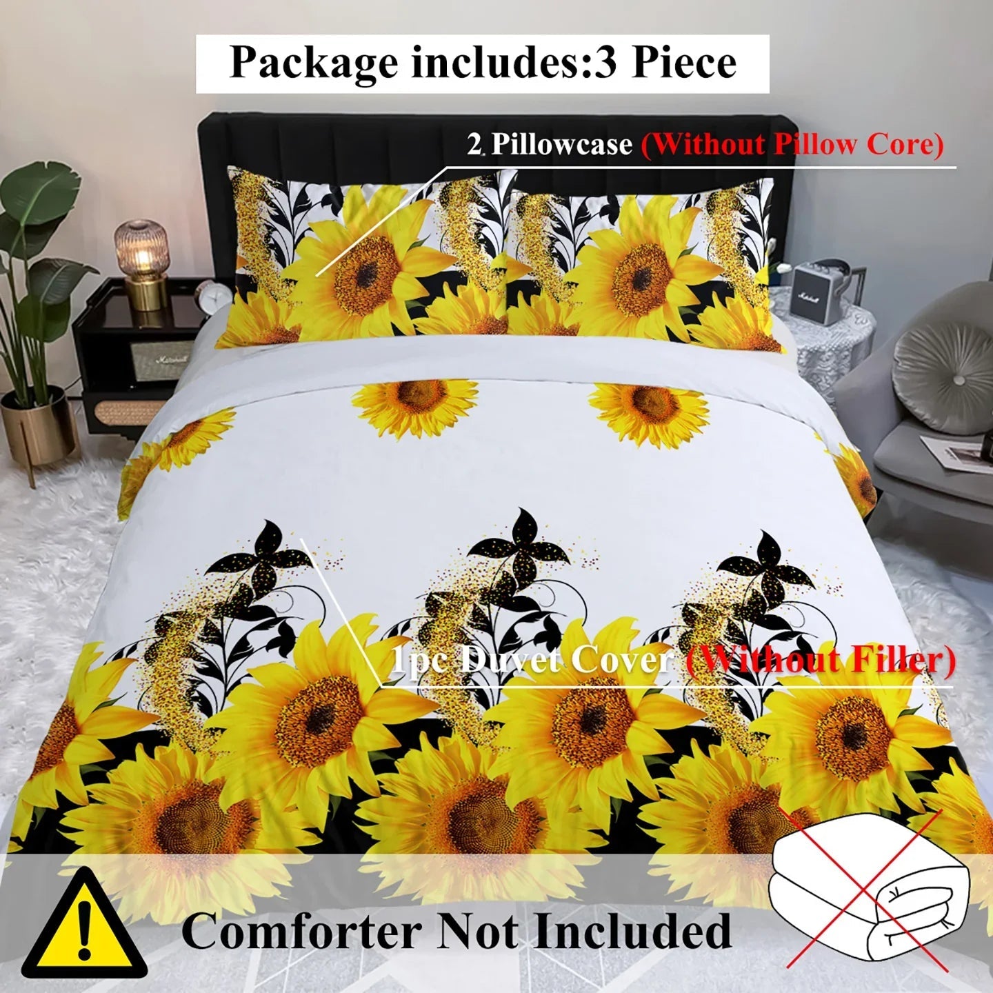 3 Pieces Black And White Background Sunflower Duvet Cover Set Yellow Flower Polyester Bedding Set For Adults Bedroom Decor Twin Full Queen King Size - www.Shopthatapp.com