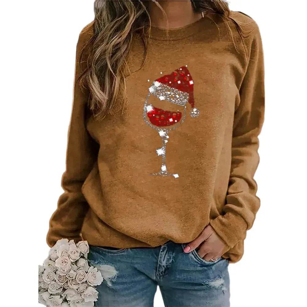 Clothing Christmas Women's Sweater Christmas Hat Red Wine Glass Graphic Print Crew Neck Long-sleeved Sweater - www.Shopthatapp.com