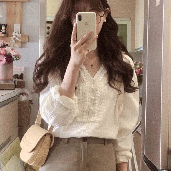 Unique Chic V-neck Long-sleeved Linen blouse top women - www.Shopthatapp.com