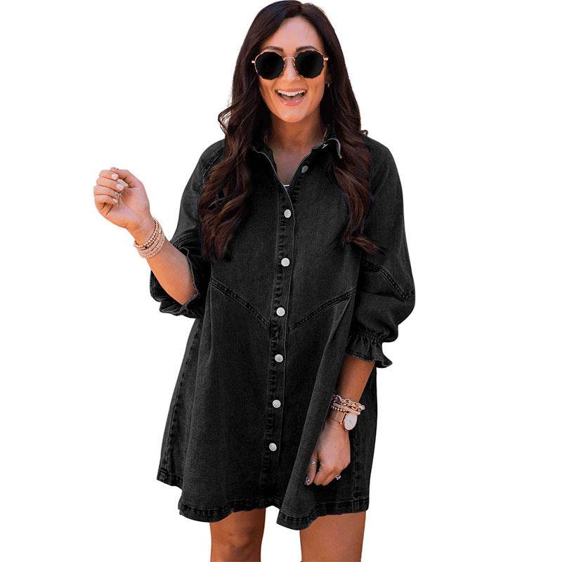Three-quarter Sleeve Denim Dress Women's Casual Ruffles - www.Shopthatapp.com