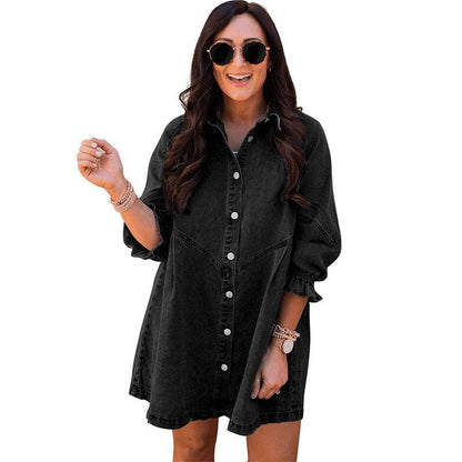 Three-quarter Sleeve Denim Dress Women's Casual Ruffles - www.Shopthatapp.com