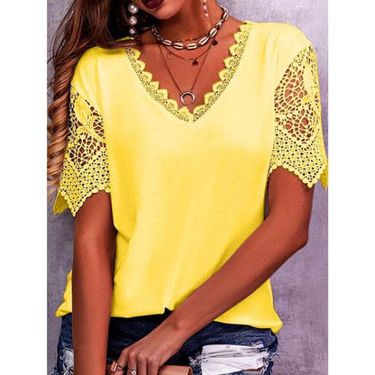 Summer Lace Tops Loose V Neck Short Sleeve Casual top - www.Shopthatapp.com