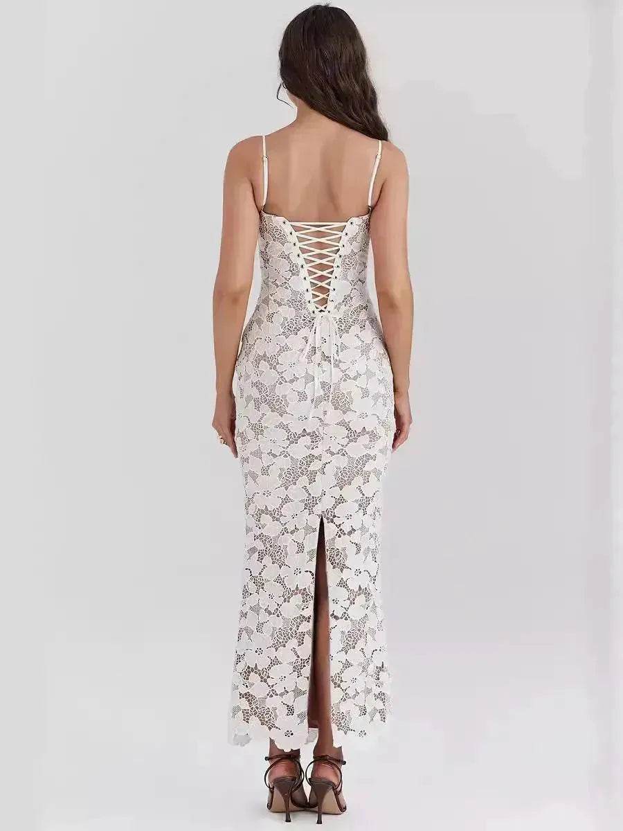 White Lace Wedding Dinner Party Cocktail Bodycon Spaghetti Strap Split Long Dress - www.Shopthatapp.com