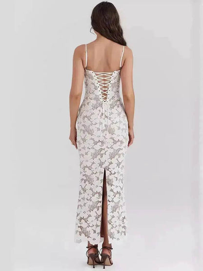 White Lace Wedding Dinner Party Cocktail Bodycon Spaghetti Strap Split Long Dress - www.Shopthatapp.com