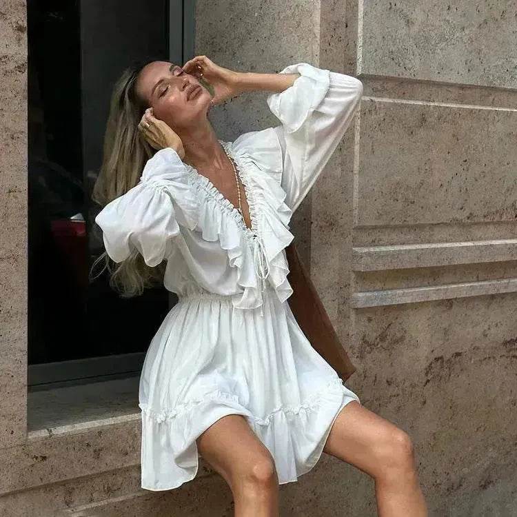 Casual Fashion V Neck Pleated Ruffle Long Sleeve Dress Y2K V Neck Flared Sleeve Short Mini Skater Dress Women's Clothing - www.Shopthatapp.com