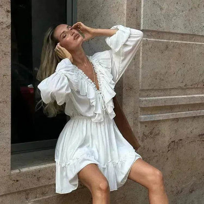 Casual Fashion V Neck Pleated Ruffle Long Sleeve Dress Y2K V Neck Flared Sleeve Short Mini Skater Dress Women's Clothing - www.Shopthatapp.com