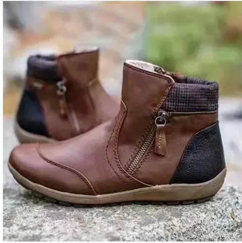 Winter Leather Stitching Flat Bottom Martin Boots With Zipper Plus Size - www.Shopthatapp.com