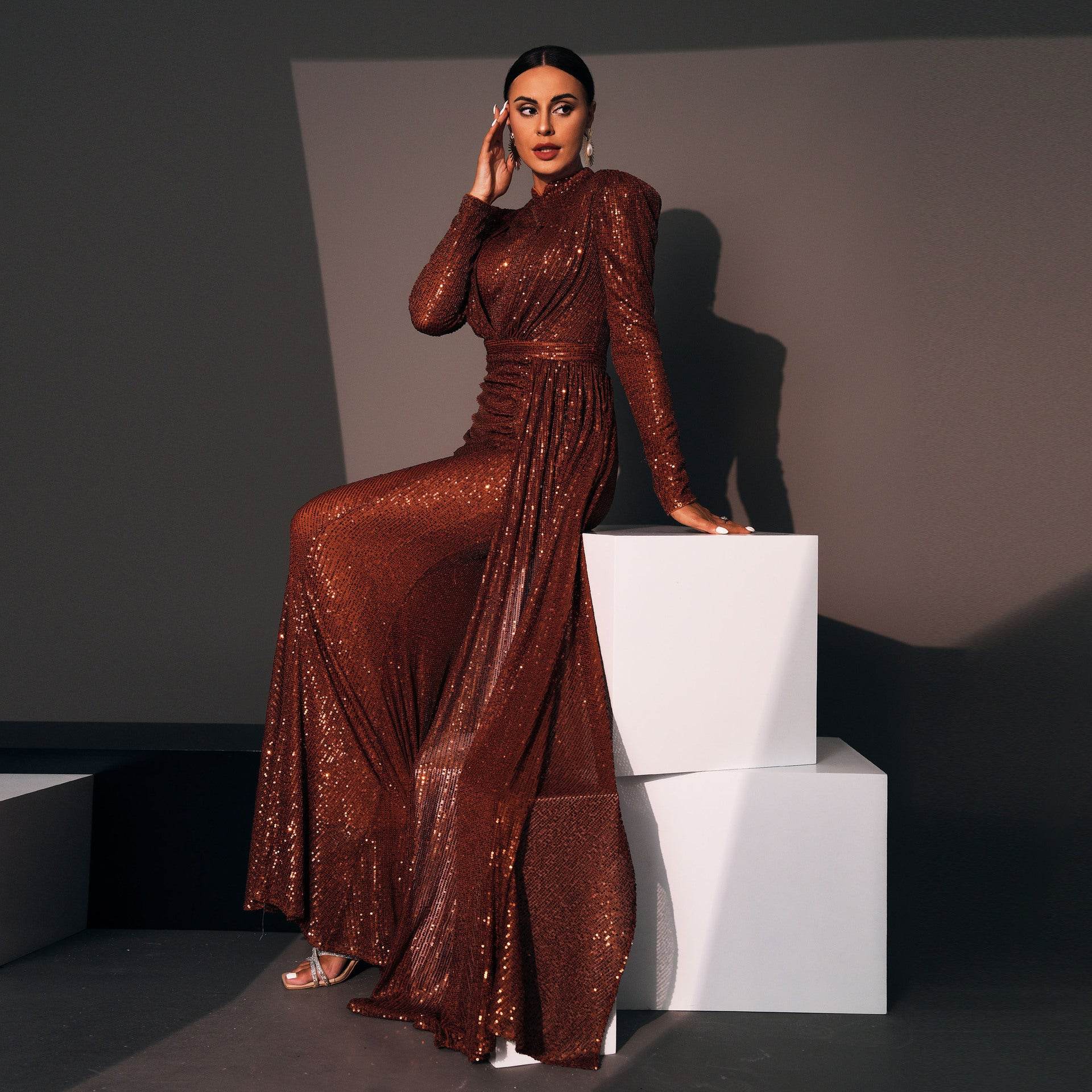 Long Sleeve Round Neck Slim Long Sequined Banquet Dress - www.Shopthatapp.com