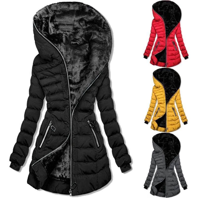 Hooded Warm Fleece Padded Jacket Mid-length Jacket Black Padded Jacket - www.Shopthatapp.com