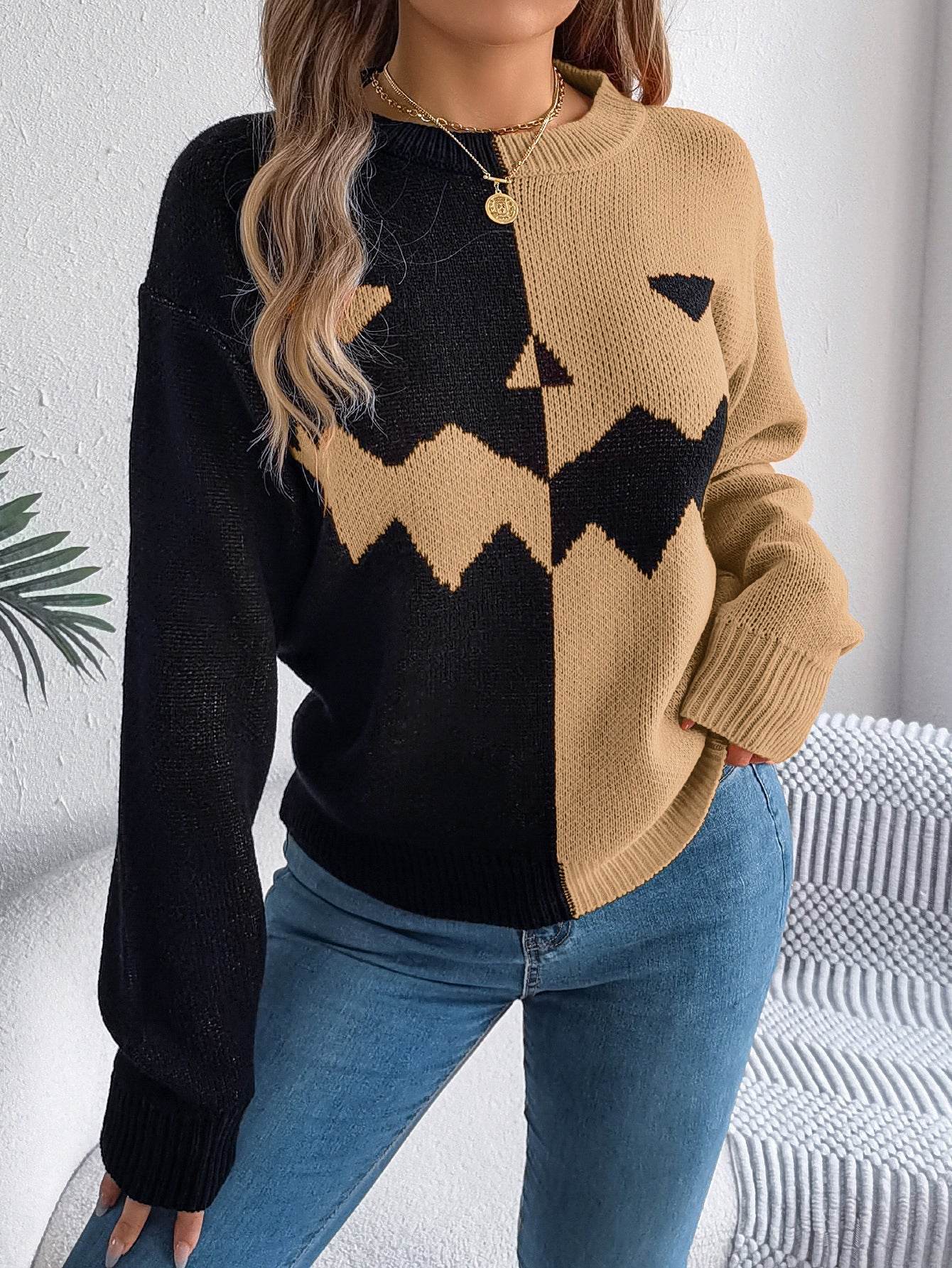 Fall And Winter Halloween Spooky Pumpkin Contrast Long Sleeve Pullover Sweater Women's Clothing - www.Shopthatapp.com