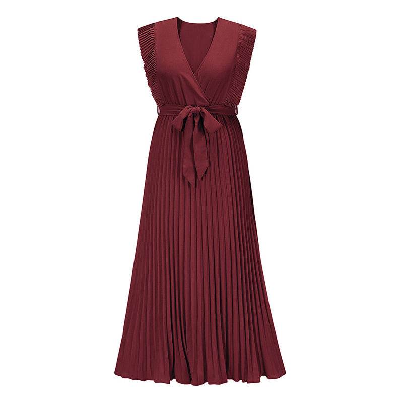 Maxi Dresses For Women - Elegant V Neck Ruffled Sleeves Empire Waist Pleated Flowy Dress - www.Shopthatapp.com