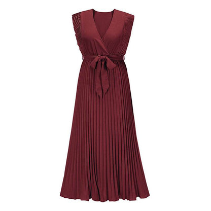 Maxi Dresses For Women - Elegant V Neck Ruffled Sleeves Empire Waist Pleated Flowy Dress - www.Shopthatapp.com