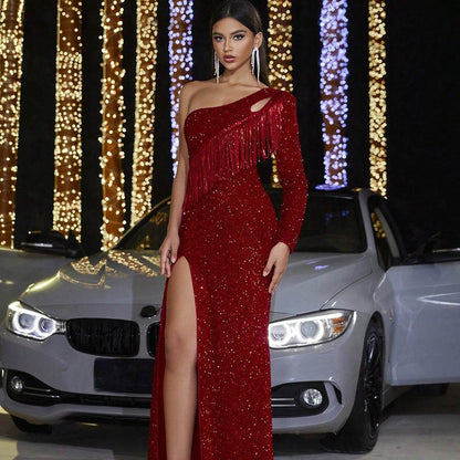 Elegant One shoulder Tassel Sequined Slit Long Evening Cocktail Party dress - www.Shopthatapp.com
