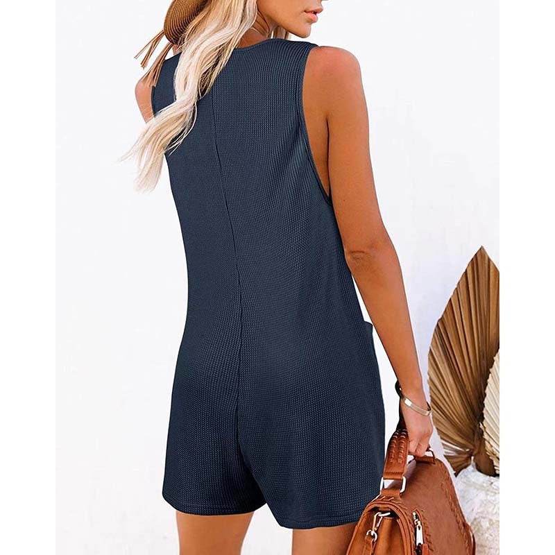 Women's Button Front Romper Jumpsuit With Pockets Casual Solid Color Sleeveless Summer Jumpsuit - www.Shopthatapp.com
