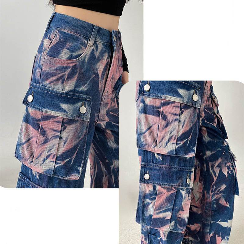 New Tie-dye Baggy CargoTrousers With Pockets Y2K Fashion High Waist Loose Wide Leg Pants Spring And Autumn - www.Shopthatapp.com