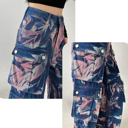 New Tie-dye Baggy CargoTrousers With Pockets Y2K Fashion High Waist Loose Wide Leg Pants Spring And Autumn - www.Shopthatapp.com