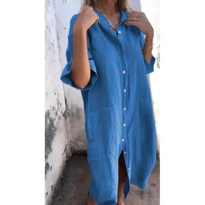 Women Loose Casual Half Sleeve Cotton Linen Buttoned down  Shirt Dress - www.Shopthatapp.com