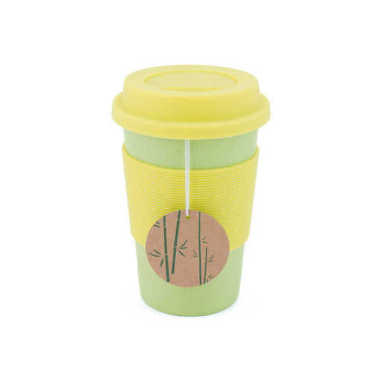 Eco-friendly travel mug in yellow and green with a bamboo design for sustainable sipping