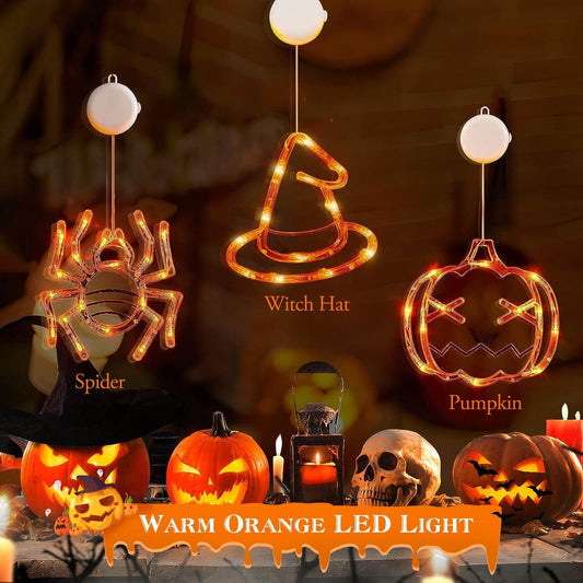 Set Of 3 Pack Halloween Window Light Spider Witch Hat Pumpkin With Orange Light Hanging Halloween Decoration Light With Suction Cup Hanging Holes - www.Shopthatapp.com
