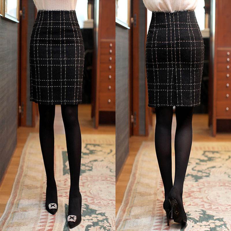 High Waist Black Plaid Sheath A- Line Slimming Woolen Mini Sheath Skirt - www.Shopthatapp.com
