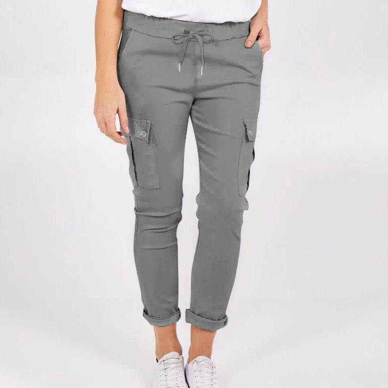 Casual Cargo Pants With Pockets Solid Color Drawstring Waist Pencil Trousers For Women - www.Shopthatapp.com