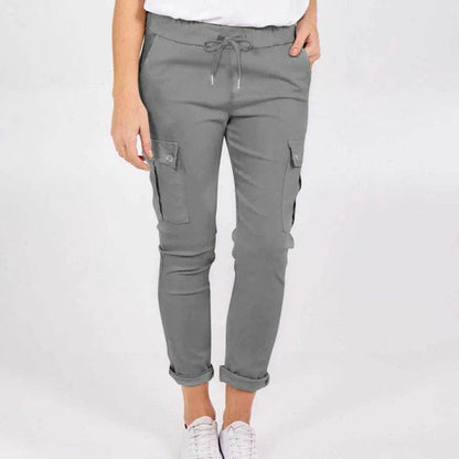 Casual Cargo Pants With Pockets Solid Color Drawstring Waist Pencil Trousers For Women - www.Shopthatapp.com